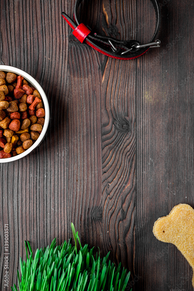 dry dog food in bowl on wooden background top view