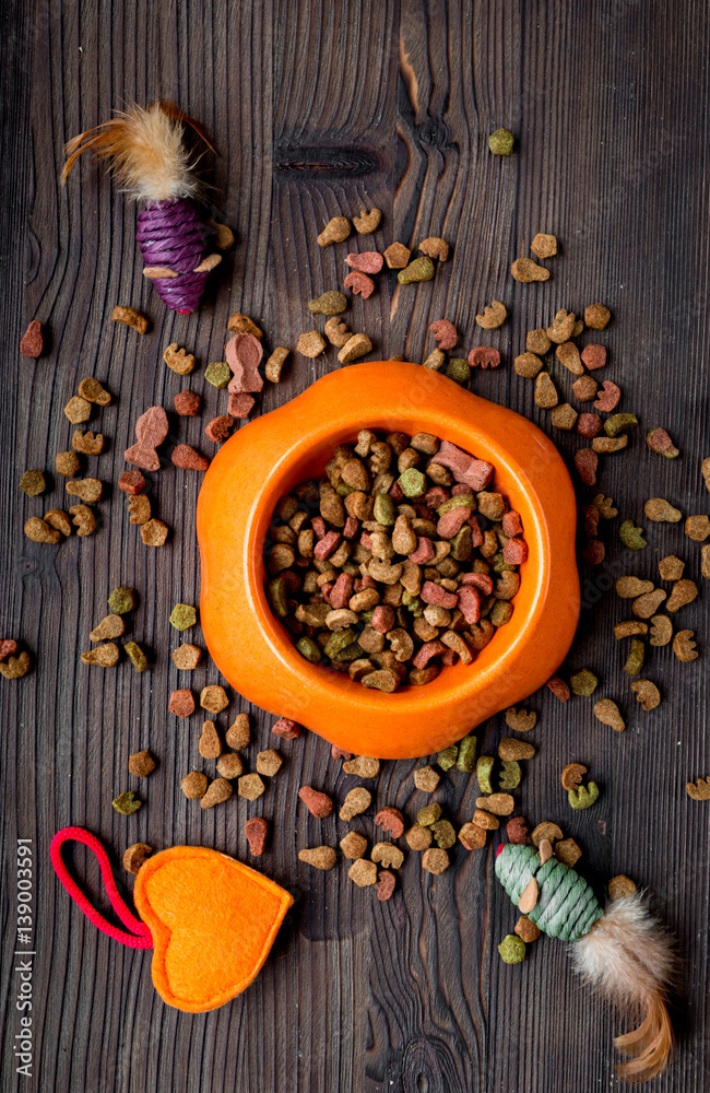 dry cat food in bowl on wooden background top view