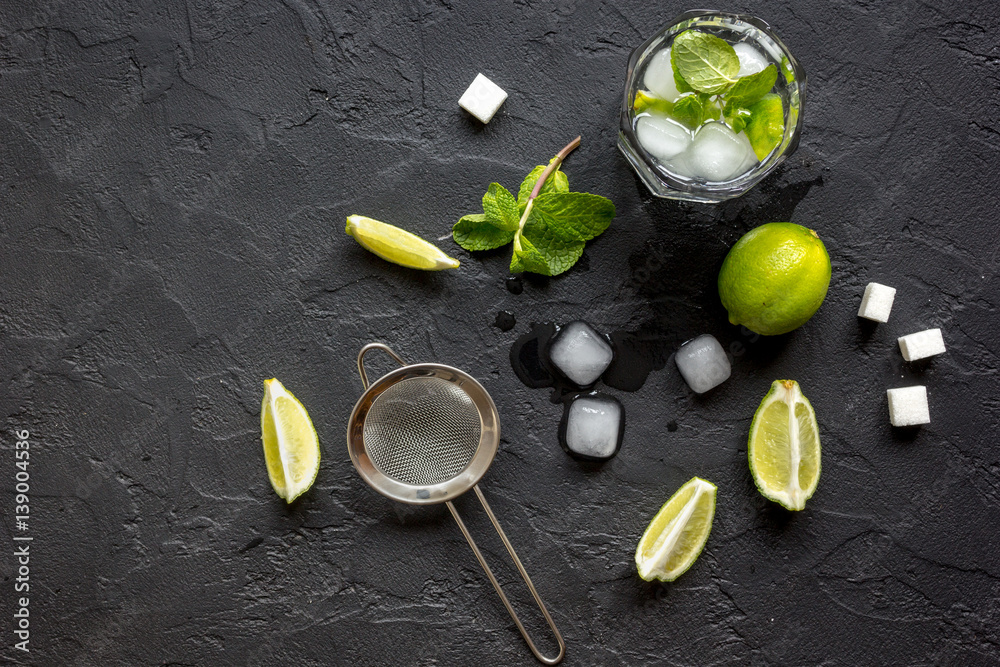 making mojito on dark background top view