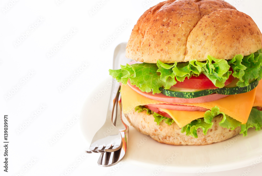 burger sandwiches bread with bacon , ham and cheese with vegetable , healthy breakfast on white back