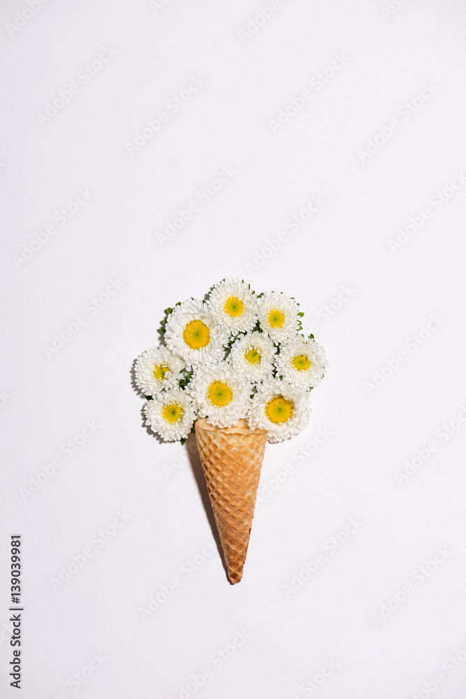 Top view of flowers in the waffle cone