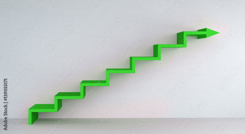 Green stairs arrow going up on concrete wall 3D rendering