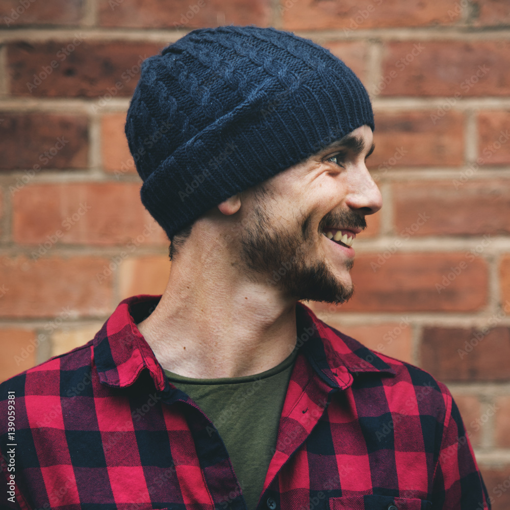 Man Beanie Hat Hipster Style Brick Wall Smiling Concept