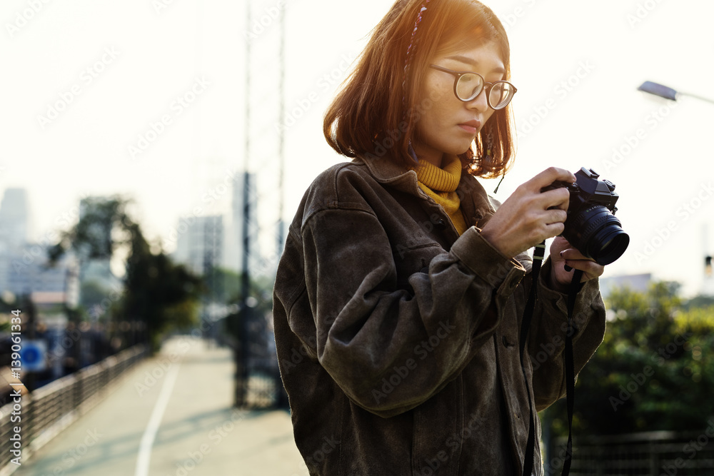 Young Woman and Camera Trip Travel Wanderlust