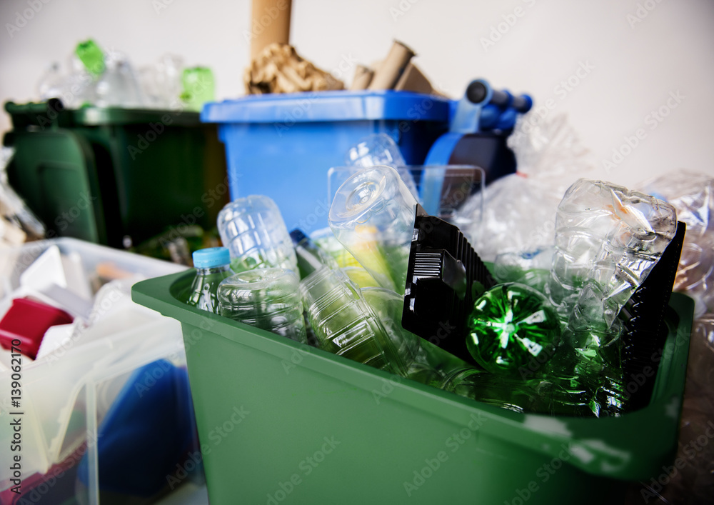 Recyclable Trash with Plastic Glass Bottles and Papers