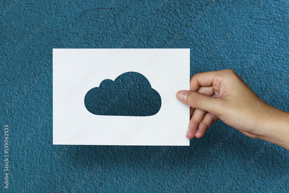 Hand Hold Cloud Paper Carving with Blue Background