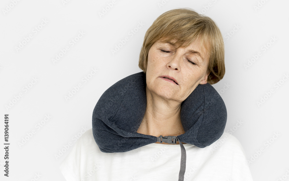 Senior Adult Woman Neck Pilow Comfortable Sleeping Concept