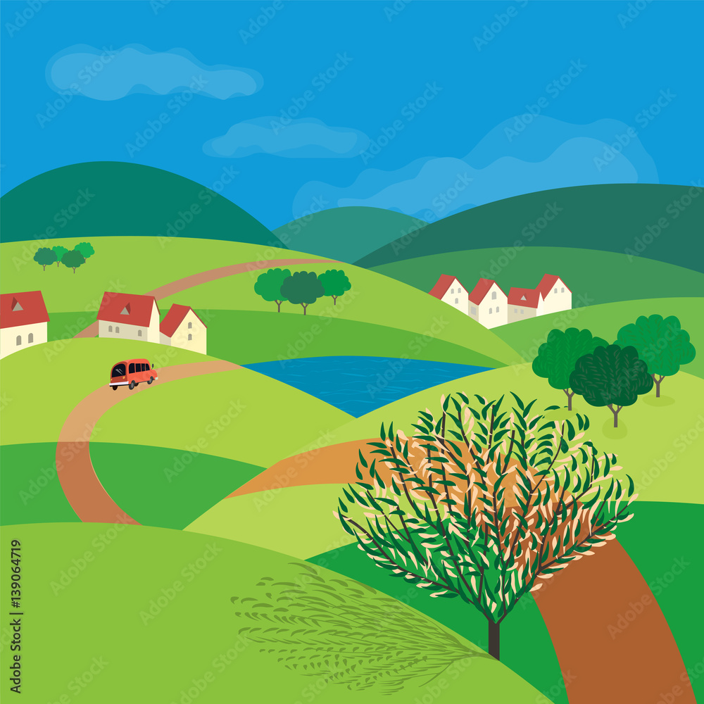 Green landscape. Freehand drawn cartoon outdoors style. Farm houses, country winding road on meadow,