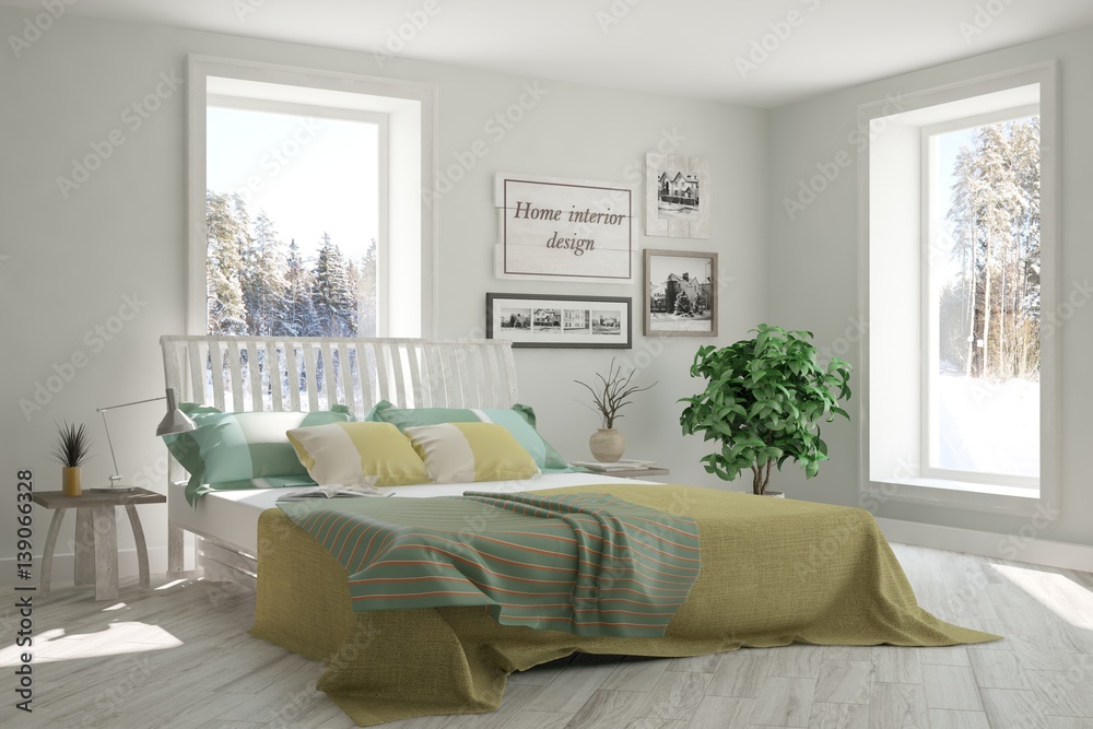 White bedroom with winter landscape in window. Scandinavian interior design. 3D illustration