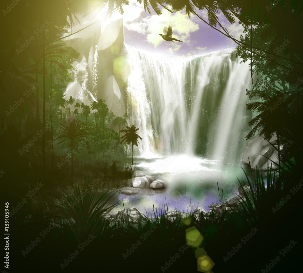 three-dimensional nature, forest, waterfall, lake, in the evening