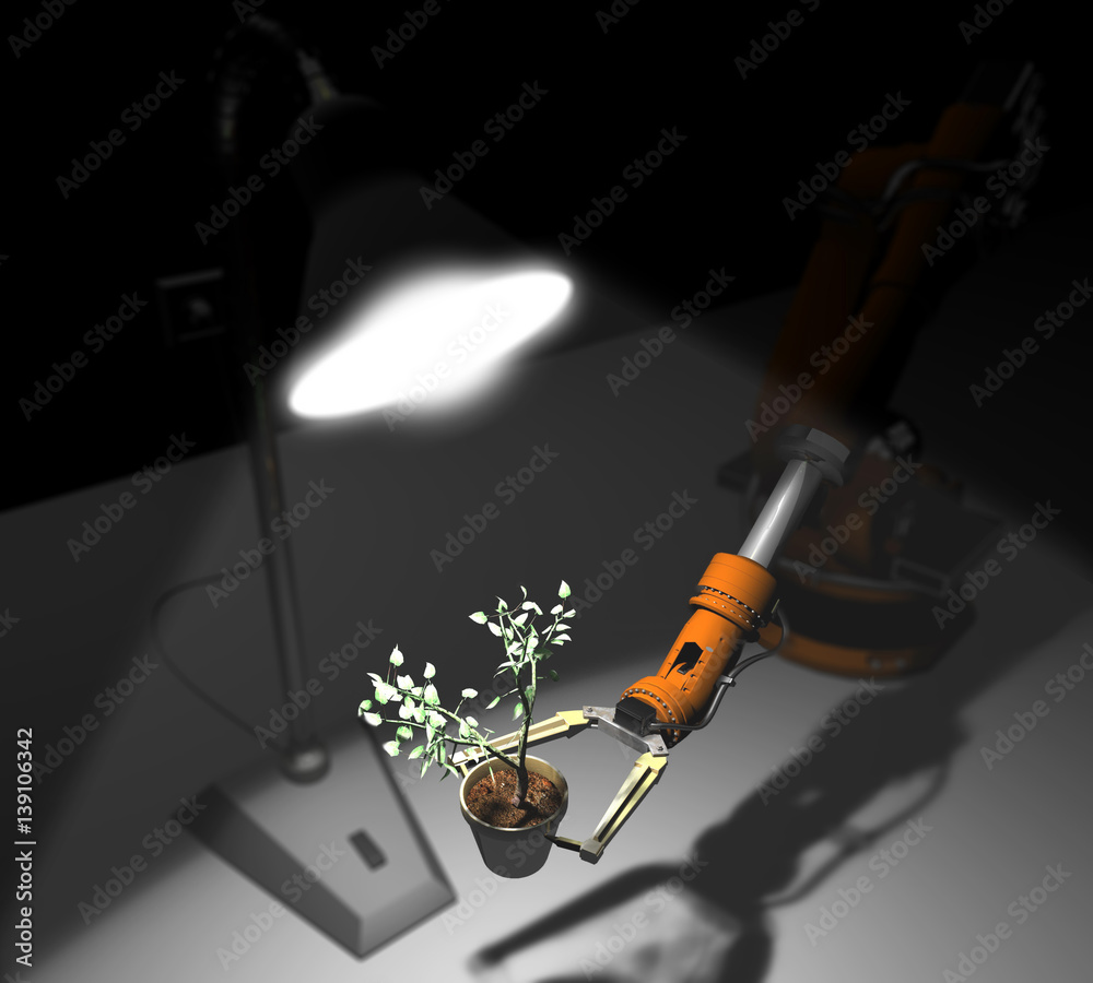 3d three-dimensional robot holds the plant under the light