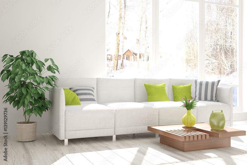 White room with sofa and winter landscape in window. Scandinavian interior design. 3D illustration