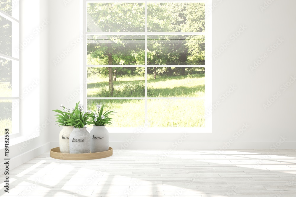 White empty room with green landscape in window. Scandinavian interior design. 3D illustration