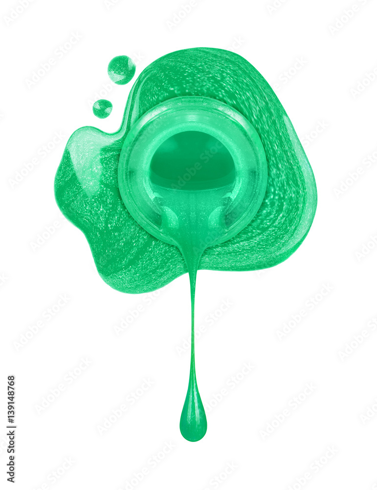 Close up of nail polish flow with a drop on white background. Concept image