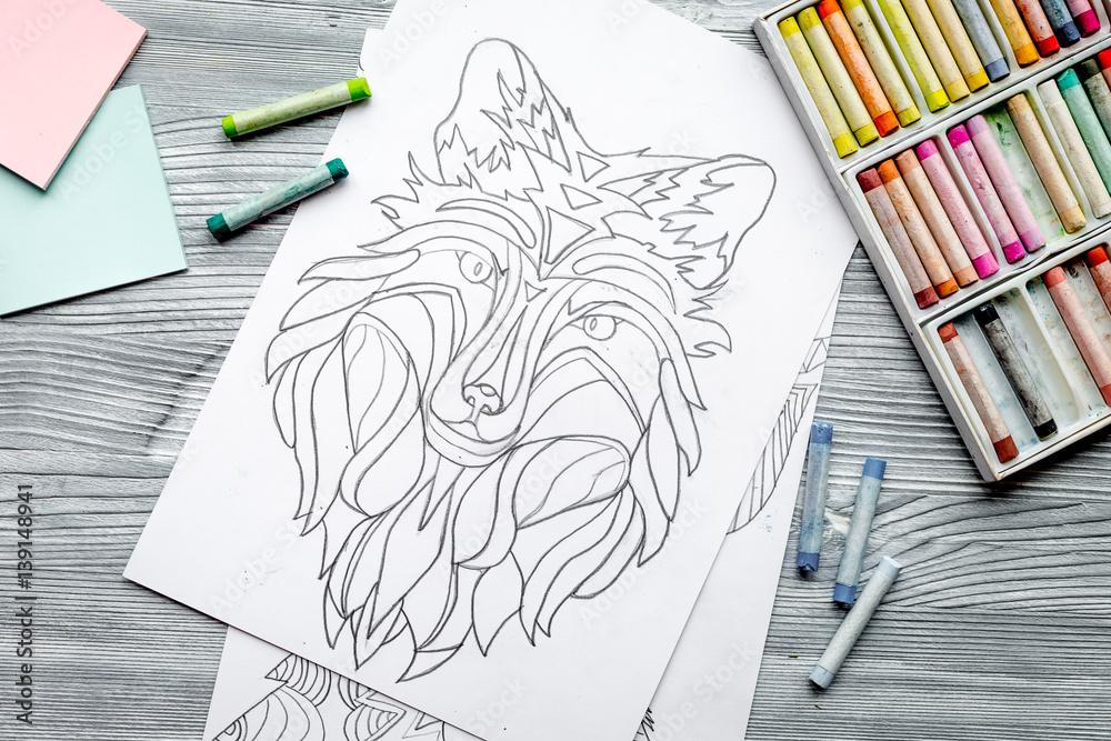 coloring picture for adults on wooden background top view