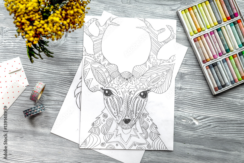 coloring picture for adults on wooden background top view