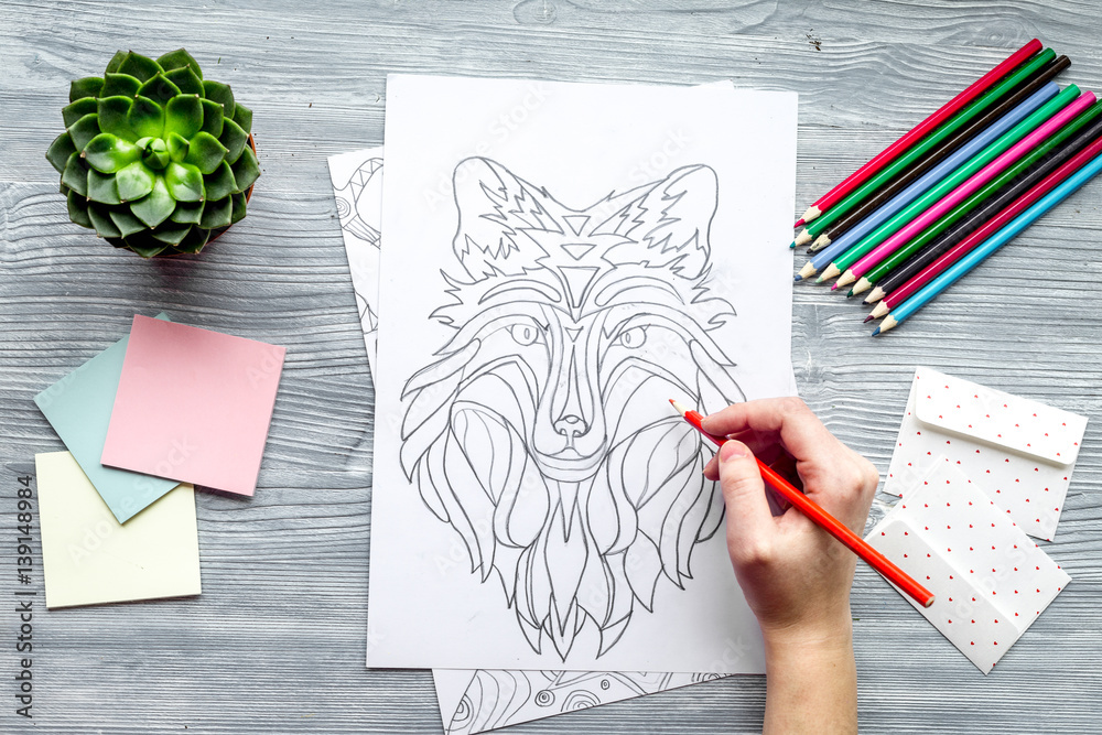 coloring picture for adults on wooden background top view