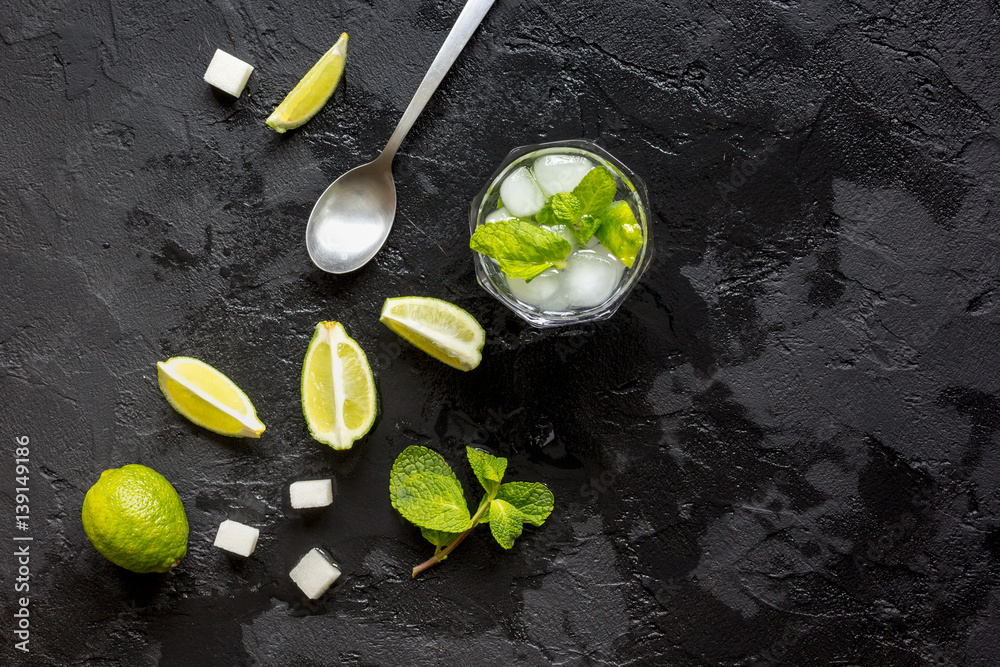 making mojito on dark background top view