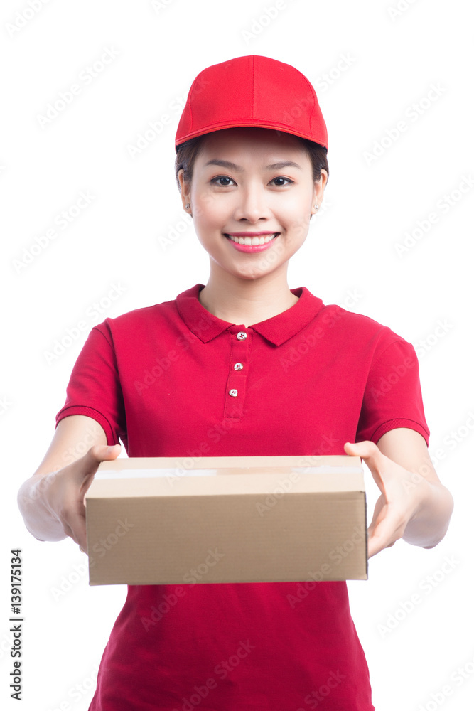 Portrait of delivery woman service happily delivering package to costumer