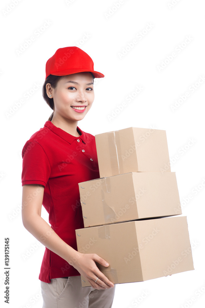 Portrait of delivery woman service happily delivering package to costumer