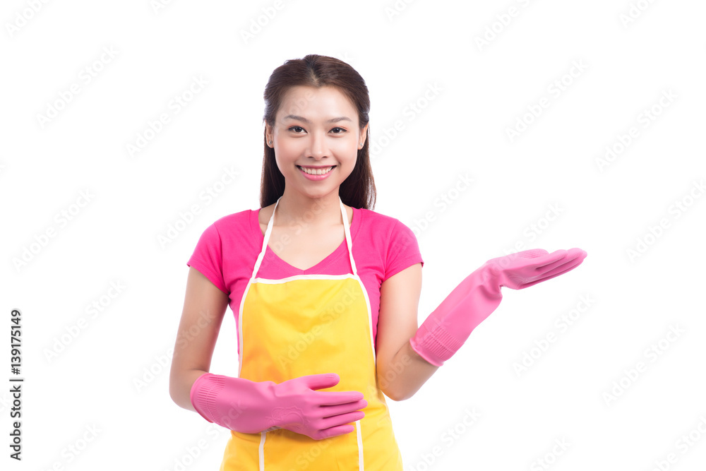 Woman doing housekeeping stuff at home isolated on white background