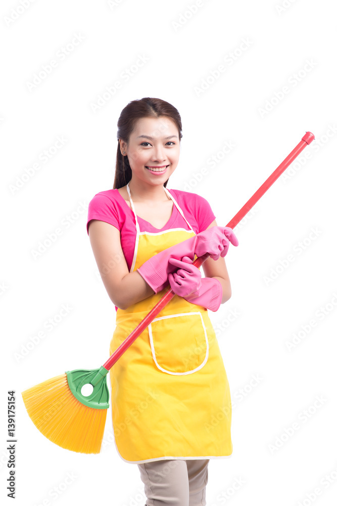 Woman doing housekeeping stuff at home isolated on white background