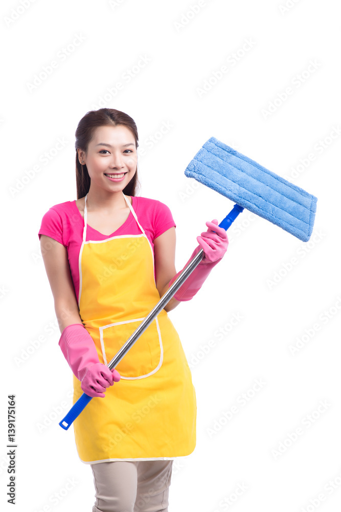 Woman doing housekeeping stuff at home isolated on white background