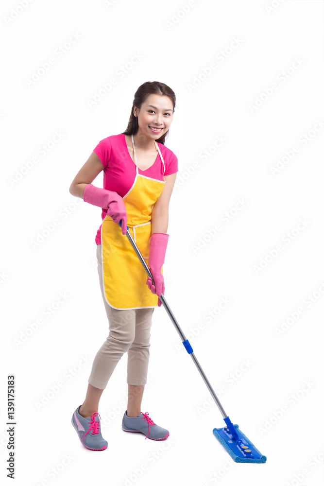 Portrait Of Young Asian housewife Cleaning Floor With Mop in full length