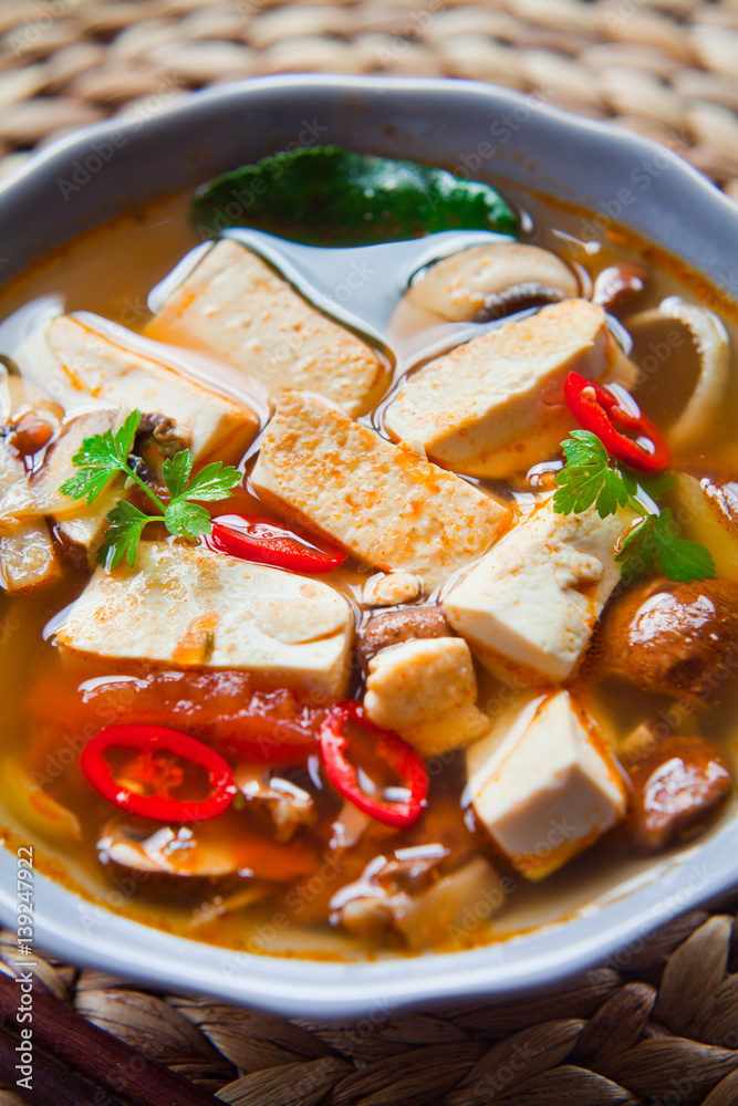 Vietnamese Tofu Soup with Mushrooms and Tomato .