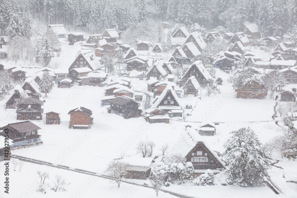 World Heritage Site Shirakawago village with snow in winter