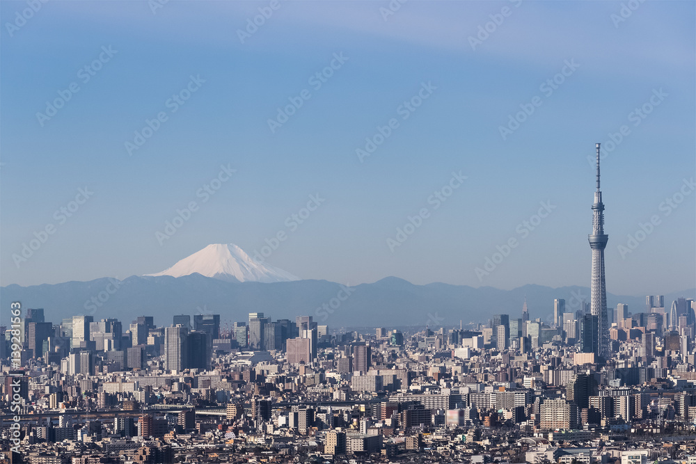 Tokyo city view , Tokyo sky tree with Tokyo downtown building and Winter Mountain fuji in background