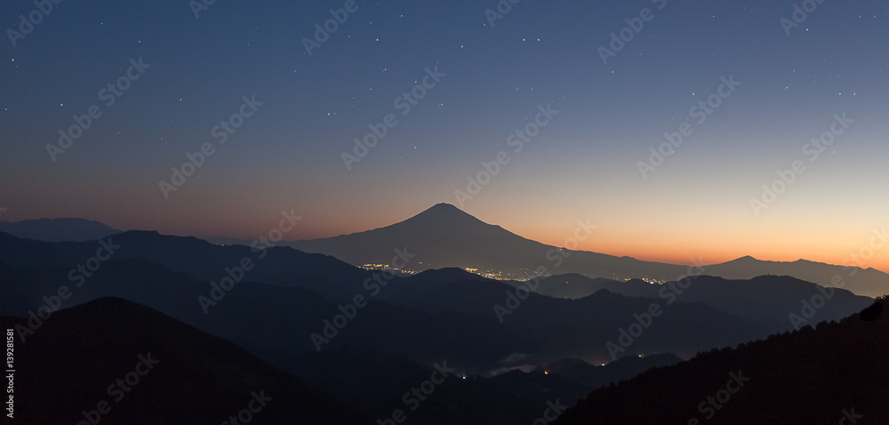 Beautiful sunrise time of Mountain Fuji in autumn season seen from Mountain Takayama , Shizuoka pref