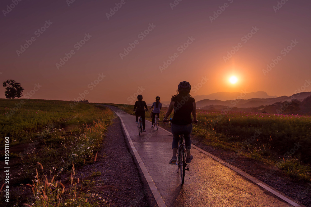 Silhouette of friend on bicycle during sunrise