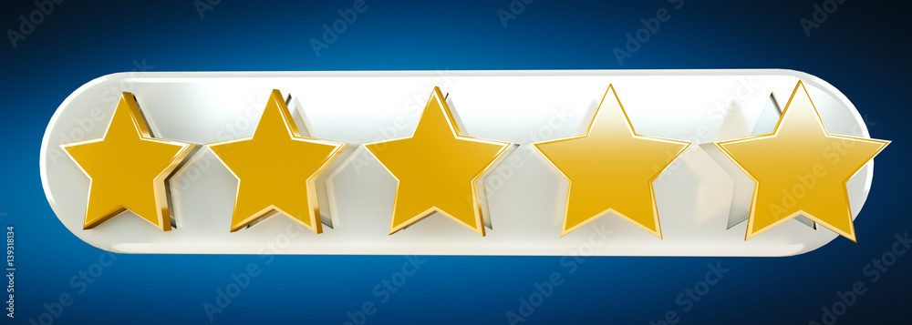 Five digital gold ranking stars 3D rendering