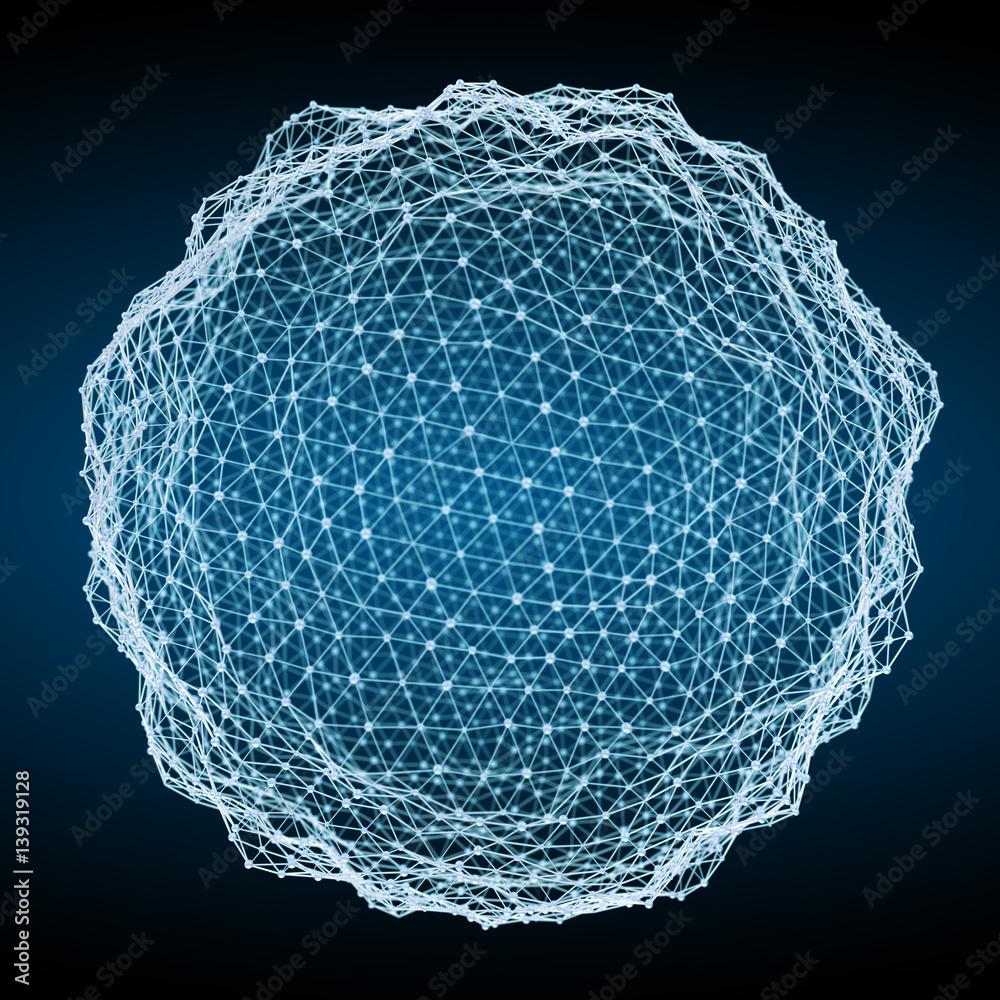 Floating white and blue glowing sphere network 3D rendering