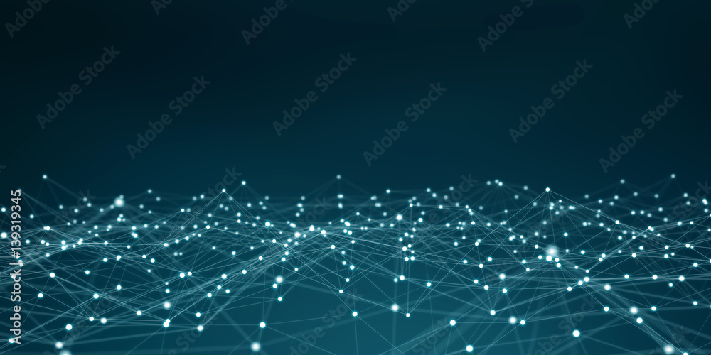 Floating white and blue dot network 3D rendering