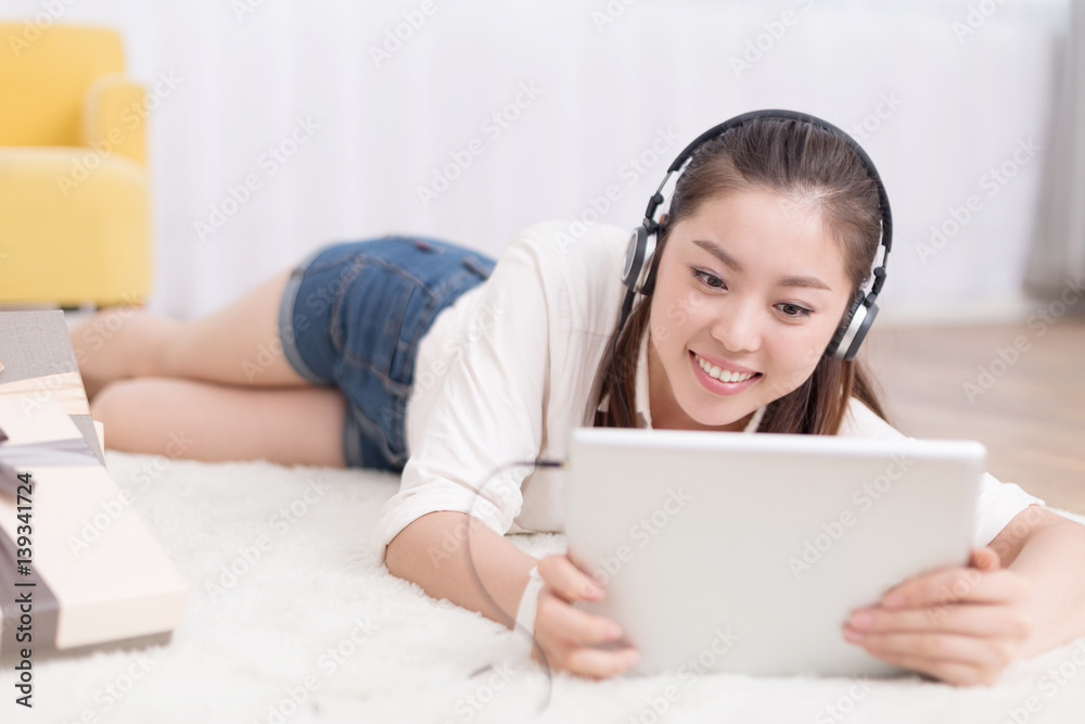 young pretty woman relaxes in room