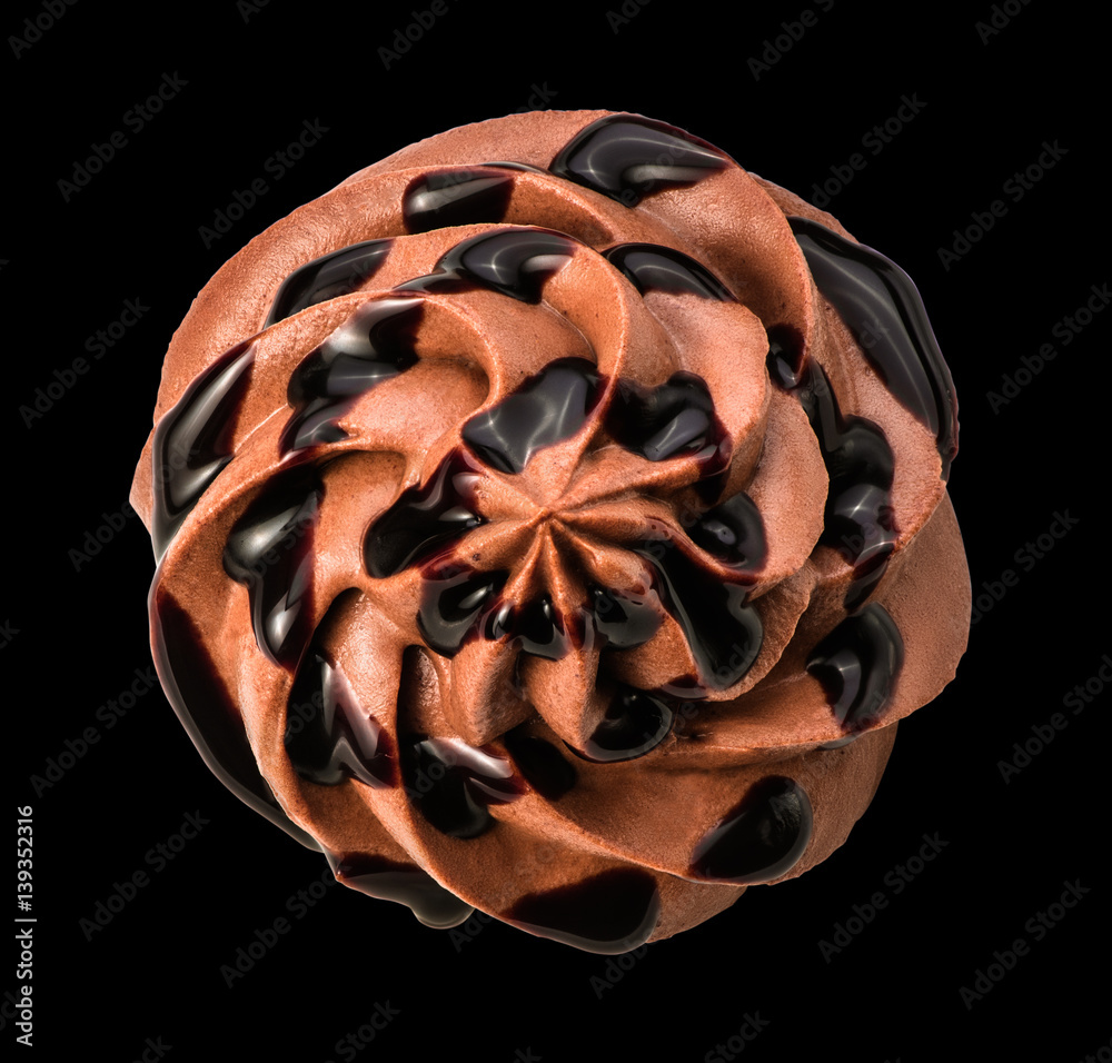 Chocolate frozen yogurt with chocolate sauce on black background with clipping path. Whipped cream. 