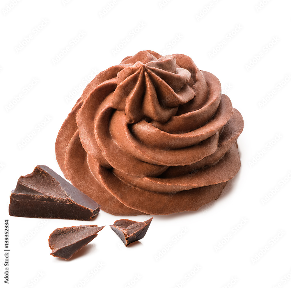 Chocolate frozen yogurt with chocolate pieces on white background by clipping path. Whipped cream. M