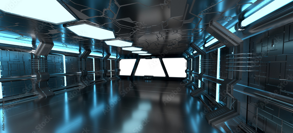 Spaceship blue interior with empty window 3D rendering elements of this image furnished by NASA