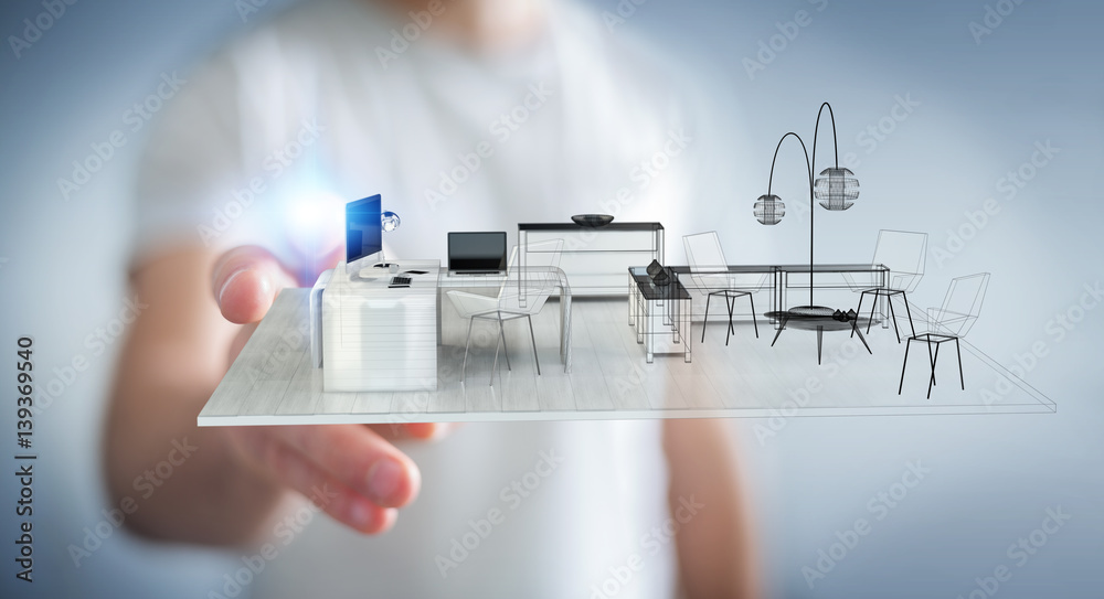 Businessman touching white 3D rendering apartment