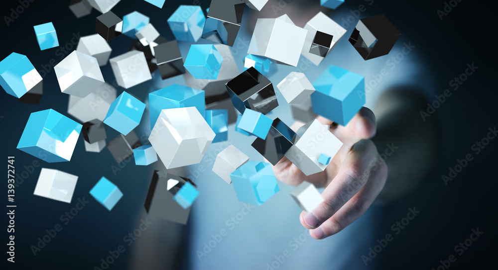 Businessman touching floating blue shiny cube network 3D rendering