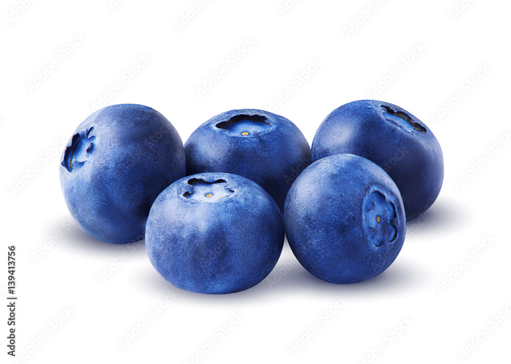 Five blueberries. Berries isolated on white background with clipping path. Macro.