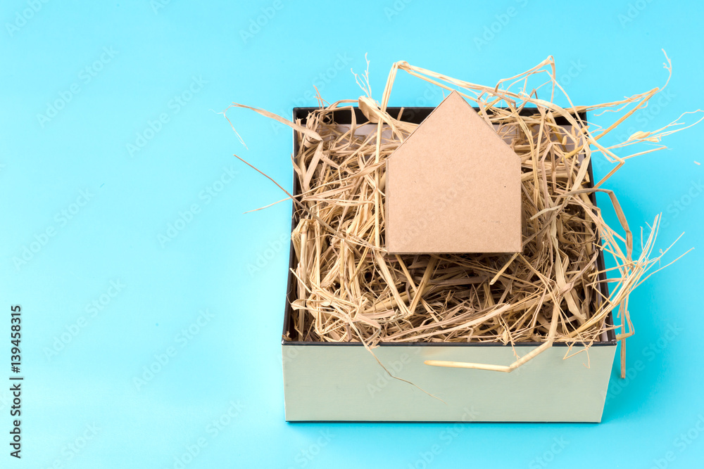 house model cardboard in a box with hay and free copyspace house concept