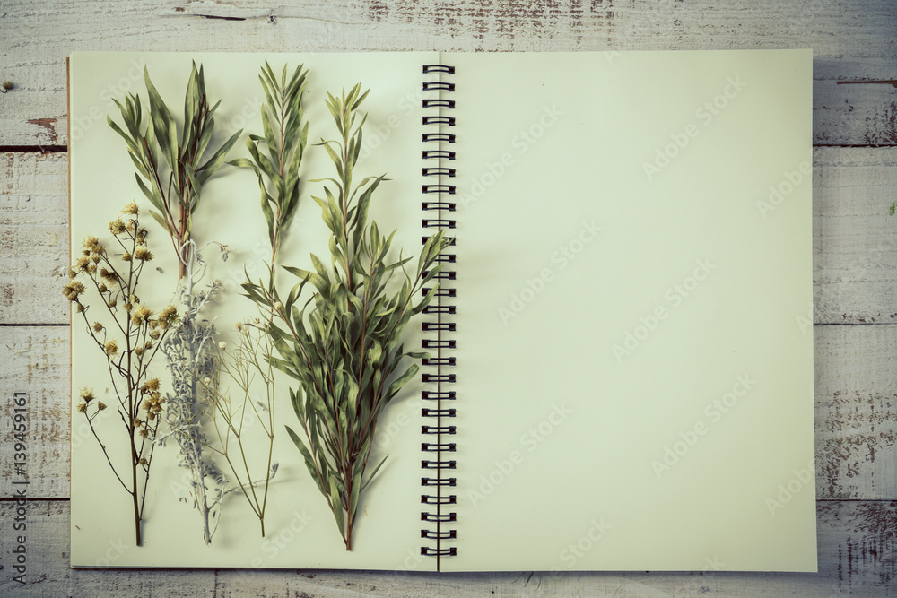 dry flower and leaf on blank page notebook on old white vintage wooden background