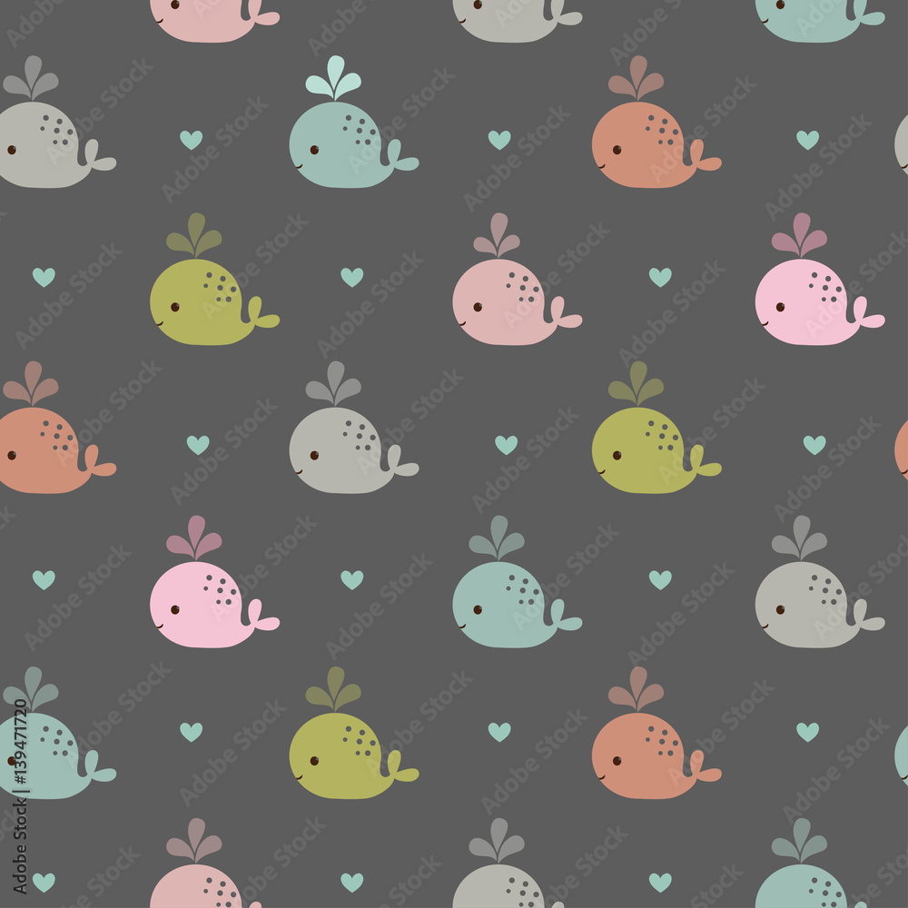 Seamless pattern with whales. Vector abstract colorful fish seamless pattern, whales and hearts.