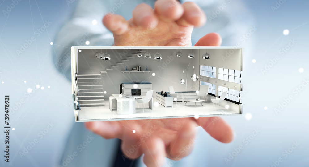 Businessman holding white 3D rendering apartment