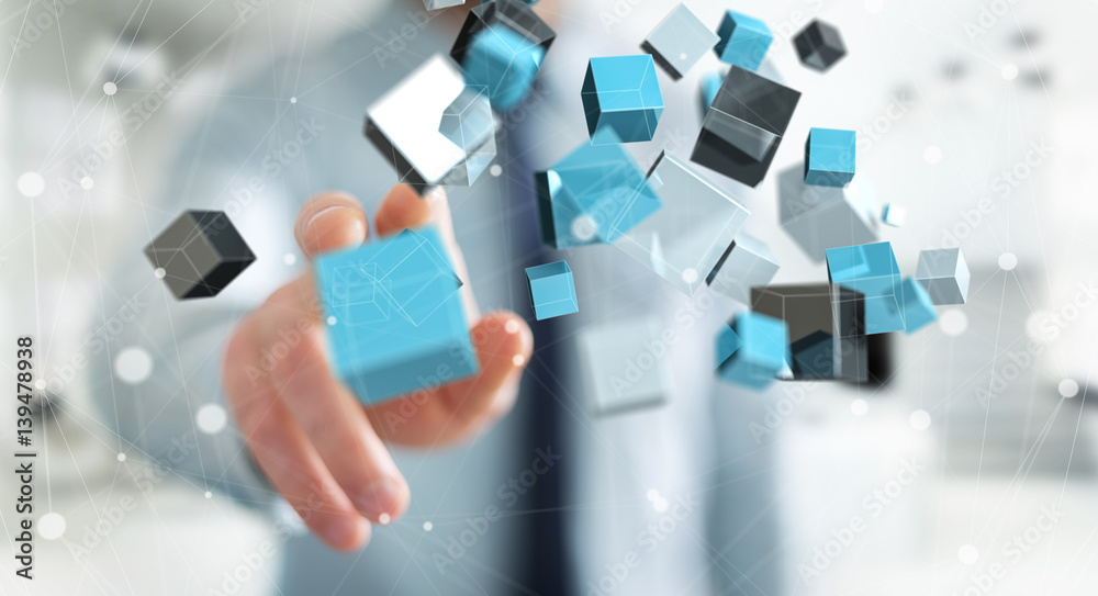 Businessman touching floating blue shiny cube network 3D rendering