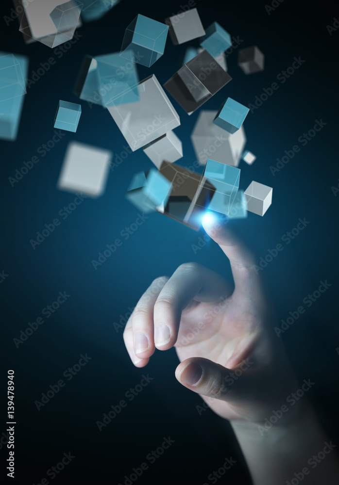 Businesswoman touching floating blue shiny cube network 3D rendering