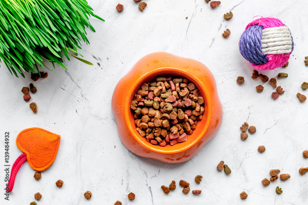 dry cat food in bowl on stone background top view